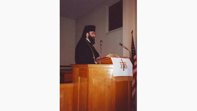 În amvonul bisericii prezbiteriene din Allensville, Pennsylvania (iunie, 1987)